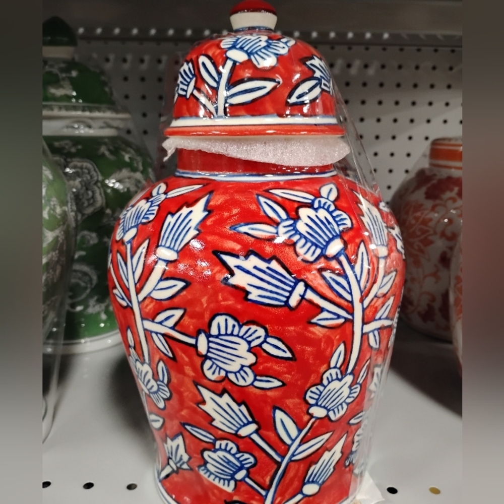 New Red Floral Ceramic Jar with Lid